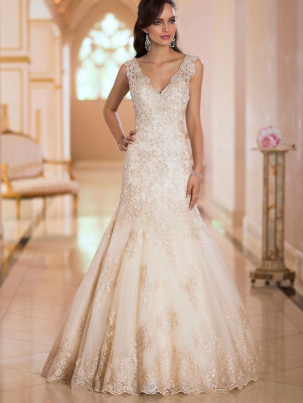 Stella York Champagne Gold Lace Mermaid Wedding Dress